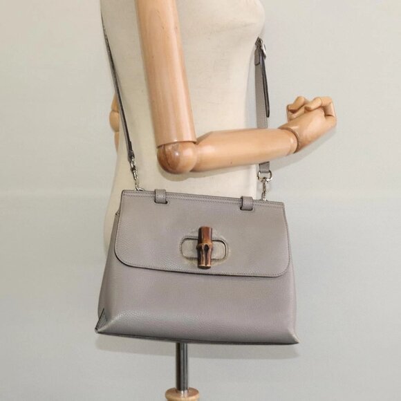 GUCCI Bamboo Daily Hand Bag Leather 2way Gray Silver